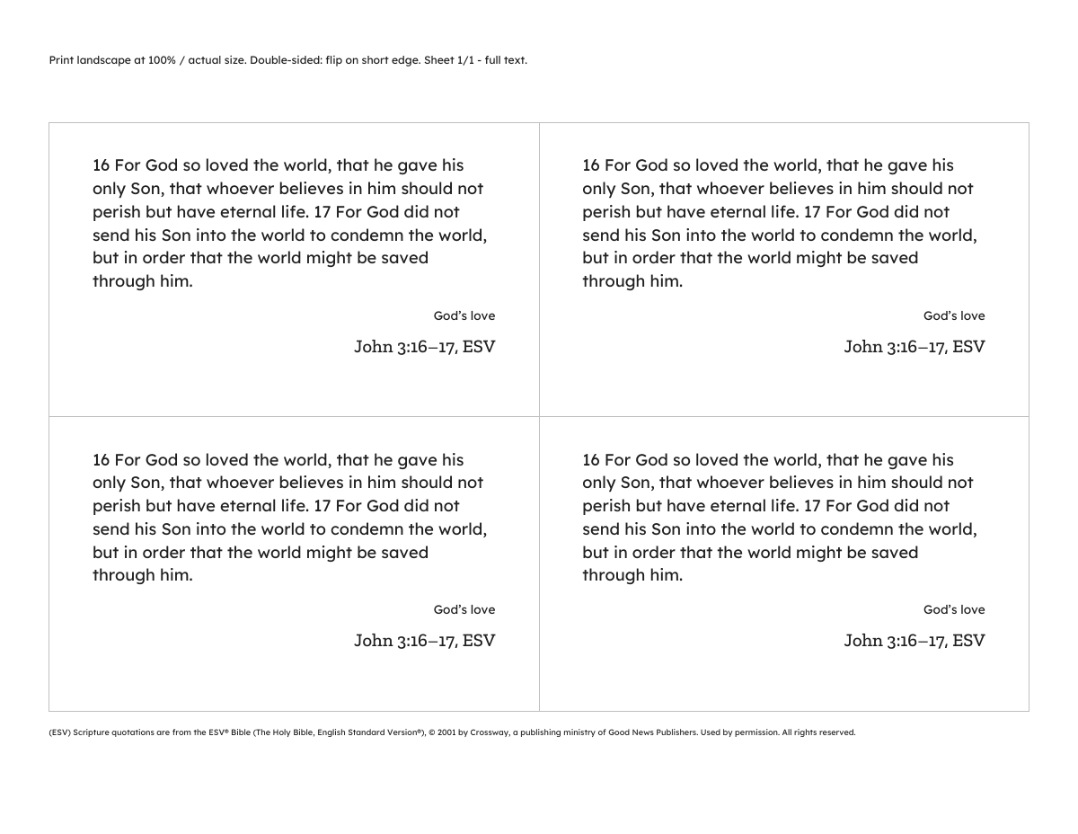 Four printable 3x5 John 3:16–17 Bible memory cards with Scripture text and right-aligned references